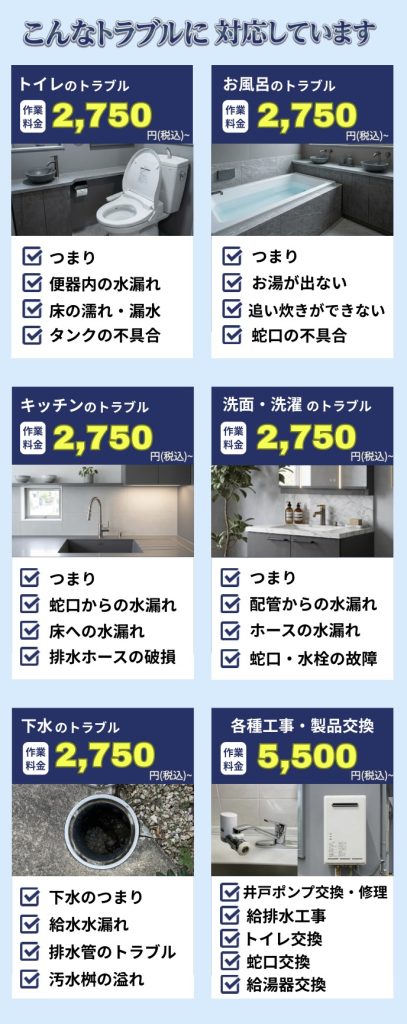トイレ・お風呂・キッチン・洗面・洗濯・下水の水漏れつまり修理料金表。作業料金2,750円(税込)から。蛇口交換、給湯器交換、井戸ポンプ修理、給排水工事など水回りトラブル全般に対応。